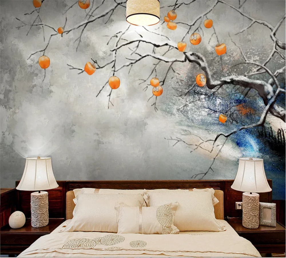 Custom 3D wallpaper mural new Chinese background wall persimmon Ruyi hand-painted ink tree TV | Обустройство дома