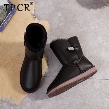 

TPCR Mid-calf Waterproof Women Winter Boots With Button Sheepskin Leather Shearling Wool Fur Lined Snow Boots Keep Warm Shoes