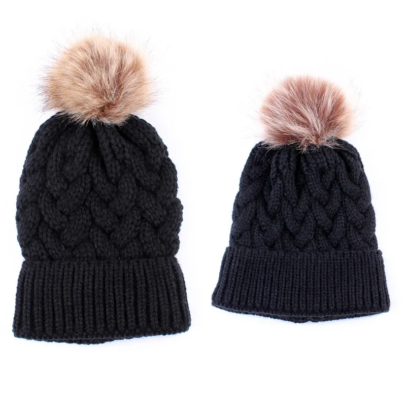Шляпа для мальчика зимняя вязаная шапка с помпоном вязаная шапка для родителя и ребенка зимняя шапка для мамы и ребенка - Цвет: Черный