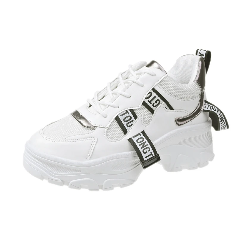 AGUTZM/новая весенняя женская обувь из кожи и сетчатого материала Модные женские кроссовки на толстой подошве, на шнуровке, повседневная обувь, Q737 - Цвет: white