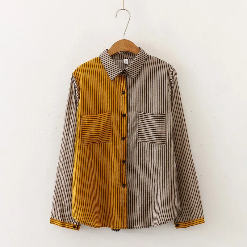 

Women Vintage Autumn Matching Stripes Print Lapel Blouse Loose Single-breasted Long Sleeve Blouses