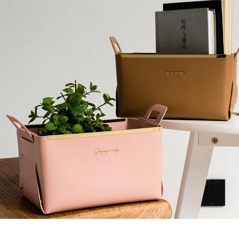 

Женская прямоугольная корзина для хранения косметики, розовая корзина для всякой всячины, контейнер для хранения, аксессуар с металлическим ободом