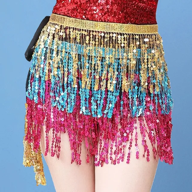 17 Colors Women Bellydance Clothing Accessories Tassel Belts 4 Rows Strips Rectangle Belly Dance Hip Scarf Sequins Fringes Belt gold turquosie