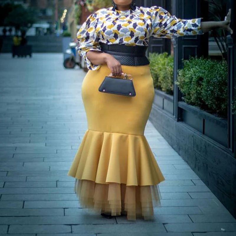 

MUSTARD MERMAID MAXI SKIRT Plus Size Gold Yellow Floor Length Long Women Skirts with Tiered Tulle Custom Made