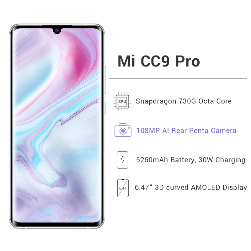 Global rom Xiaomi Mi CC9 Pro, 8 ГБ ОЗУ, 256 Гб ПЗУ, мобильный телефон CC 9 Pro, 108 МП, камера Penta, Восьмиядерный процессор Snapdragon730G, 5260 мА/ч