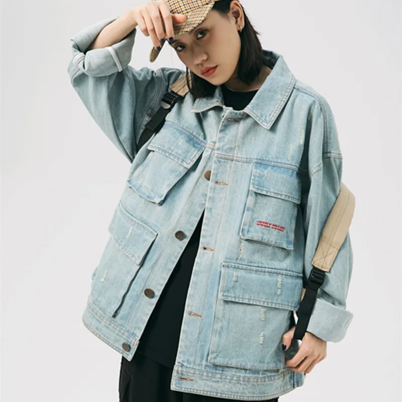 

Tang Mu Cool Spring New Style Multi-pockets Jacket Men's Japanese-style Simple Retro Casual Loose-Fit Workwear Denim Top