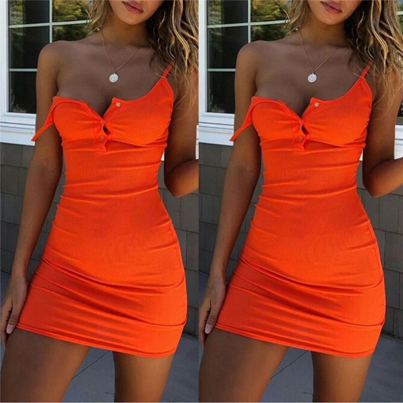 Модное женское летнее сексуальное вечернее платье без рукавов, однотонный оранжевый сарафан, обтягивающее Короткое мини-платье с высокой талией