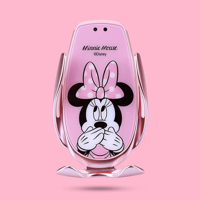 Disney Mickey Minnie Automatic Clamping Wireless Charger Car Phone Holder Smart Sensor Air Vent Mount Mobile Phone Stand Hold Pink Minnie