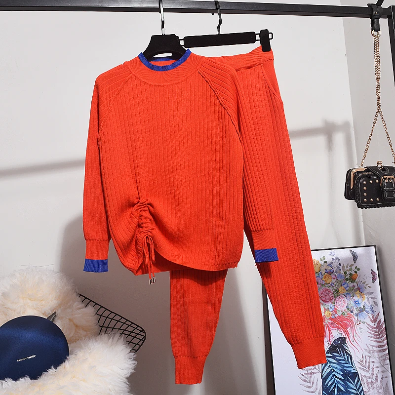 Осень-зима, новинка, Женский комплект 2 шт., модный, контрастный цвет, длинный рукав, вязаный свитер, топы+ штаны для маленьких ног, женские вязаные комплекты