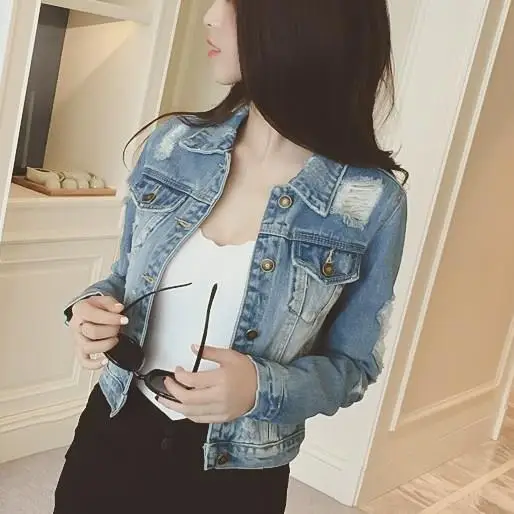 

Vintage Slim Women Denim Coats Turn-Down Collar Long Sleeve Jackets Frayed Jeans Jackets