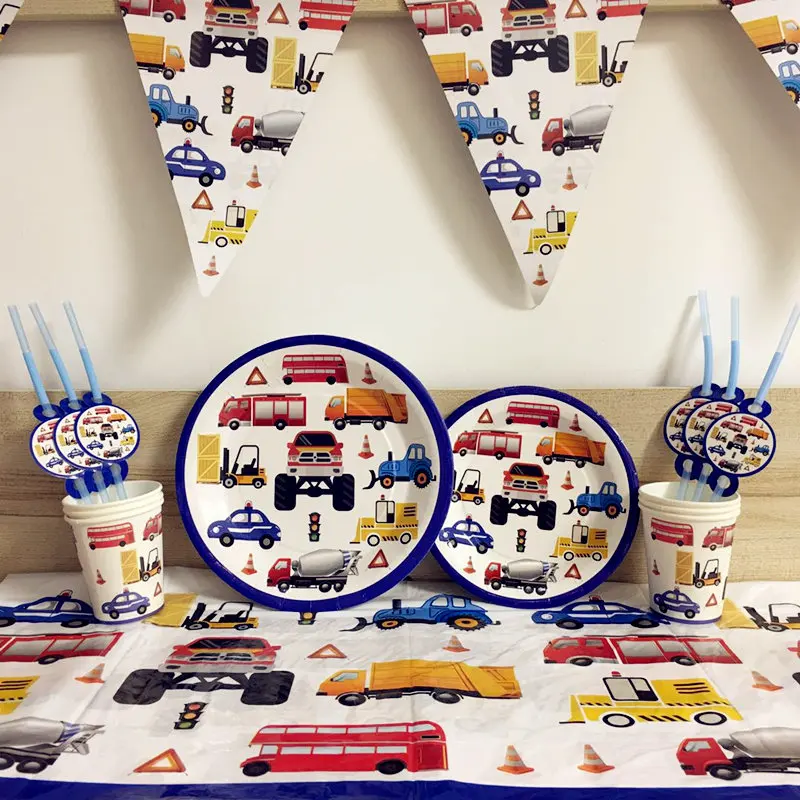 

Cartoon Cars Trucks Theme Birthday Party Decoration Plates Engineering Vehicles Disposable Tableware Baby Shower Party Supplies