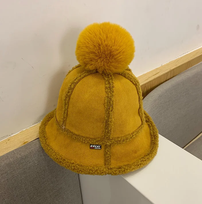yellow Шапка женская осенняя и зимняя теплая овечья шерсть Рыбацкая шапка Повседневная дикая Студенческая волна японский дикий мех кролика мяч бассейн шляпа - Цвет: yellow