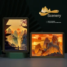 Caja de sombra de Marco de imagen 3D de 7 hojas, lámpara Led, pintura de paisaje, decoración de sala de estar, regalos de lujo, manualidades de arte Diy