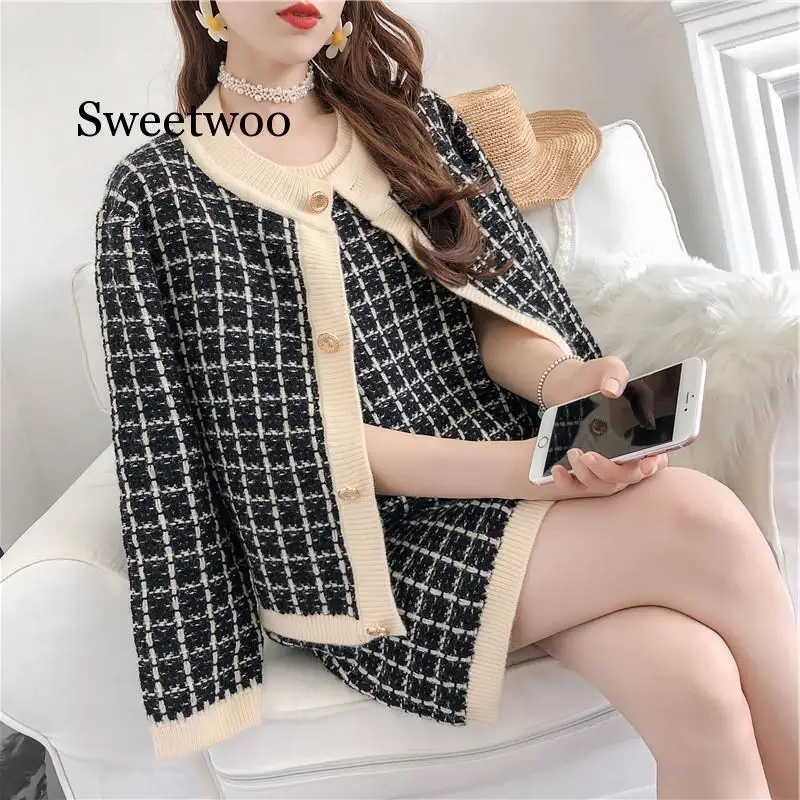 

New Woman Knitted Two-pieces Suits Female Plaid Open Stitch + Mini Dress Set Autumn Knit Womans Sets Winter Warm Suit
