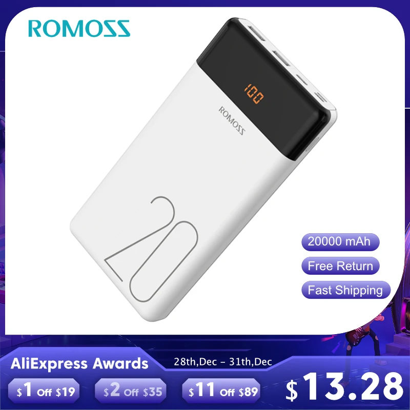 20000mAh ROMOSS LT20 Power Bank Dual USB Powerbank External Battery With LED Display Fast Portable Charger For Xiaomi For iPhone