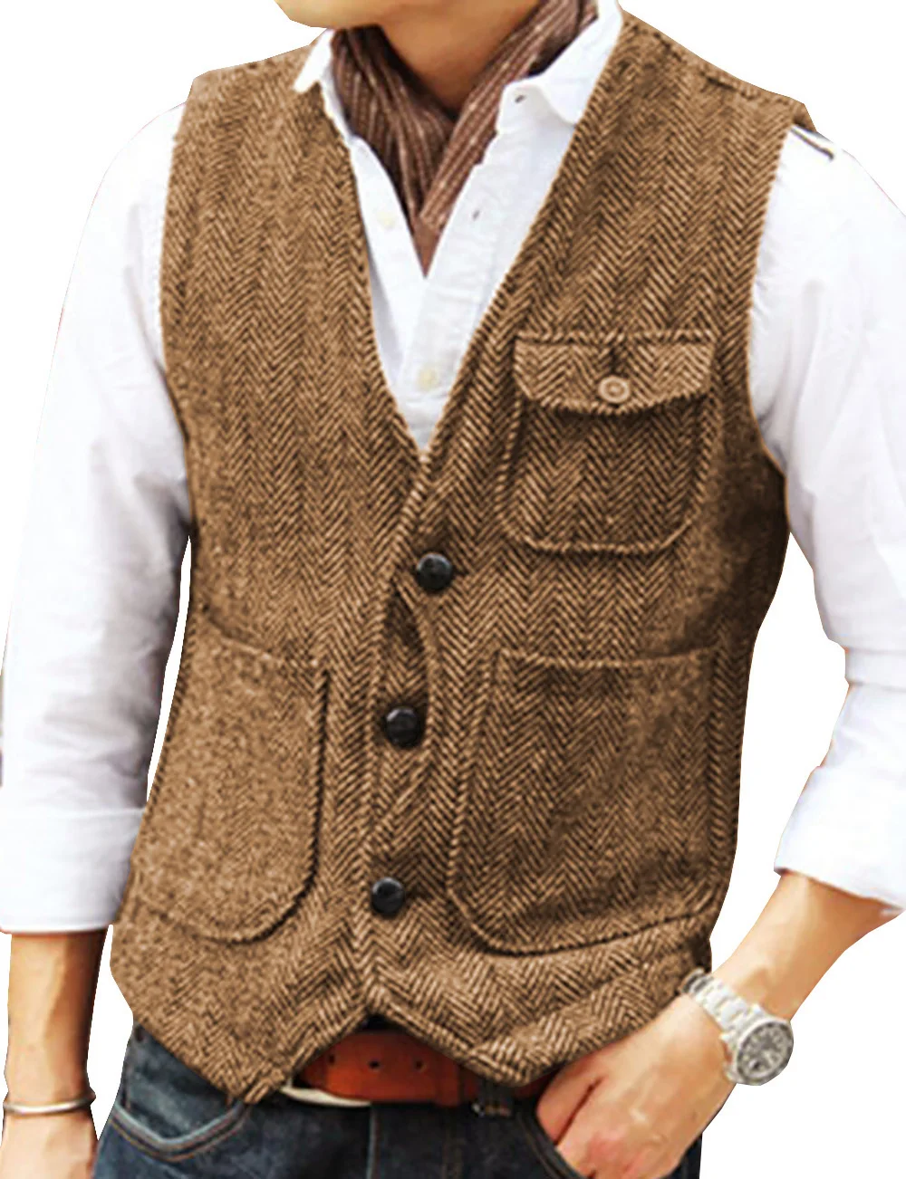 Men's Vest Brown Herringbone Wool Tweed V Neck Single Breasted Retro Tooling Vest Male Gentleman Business Waistcoat For Wedding men's blazers Suits & Blazer