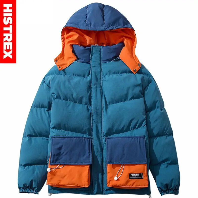 Men Jacket Padded Parka Winter 2022 Hip Hop Streetwear Windbreaker Pocket Harajuku Retro Color Block Hooded Trench Coat Oversize | Мужская