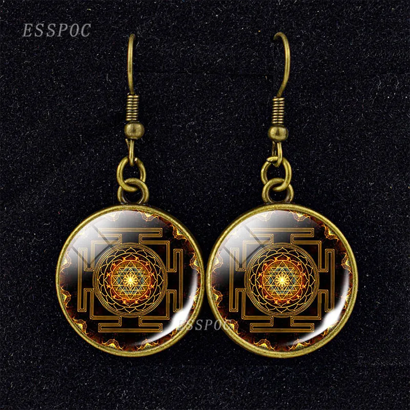 Мандала висячие серьги Древний цветок жизни стеклянный кабошон Sri Yantra подарки