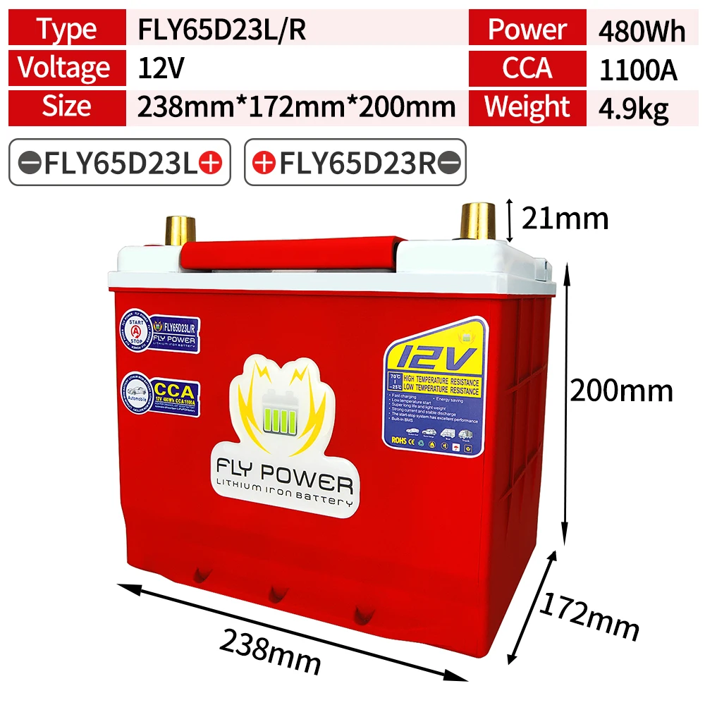 FLY65D23L/R High Power 12V 480Wh CCA1100A Automobile Lithium Iron Battery With BMS Voltage Protection LiFePO4 Battery