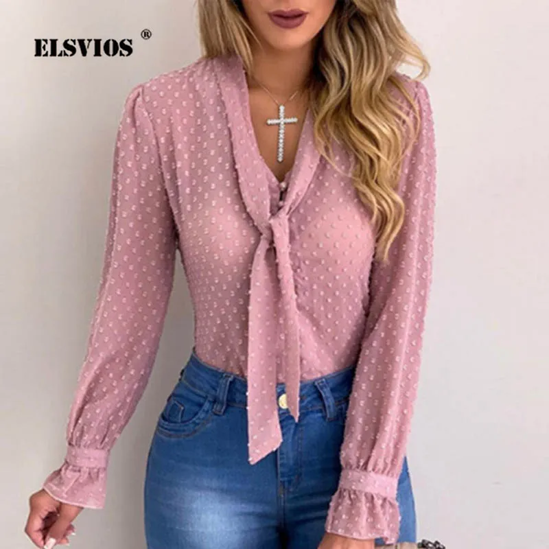 ELSVIOS Женская Сексуальная кружевная рубашка в горошек элегантная Осенняя