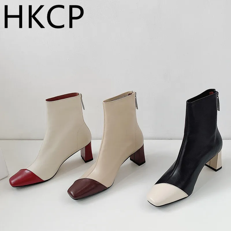 

HKCP Leather 2019 autumn and winter new short boots Martin boots thick with square head color matching women's boots D006