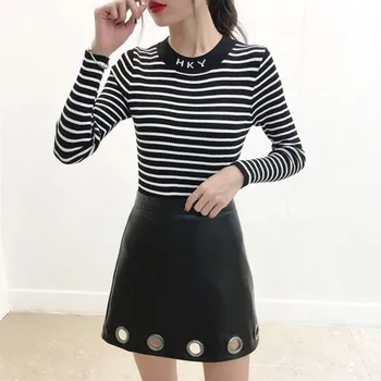 

Women Knit Sweater Autumn Winter Stripes Print Slim Long-Sleeved Round Collar Slim Bottom Knit Sweater W