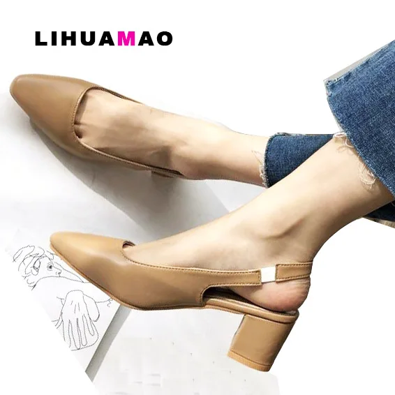 

LIHUAMAO Fashion women's shoes block heel slingback pointed toe ladies dress pumps