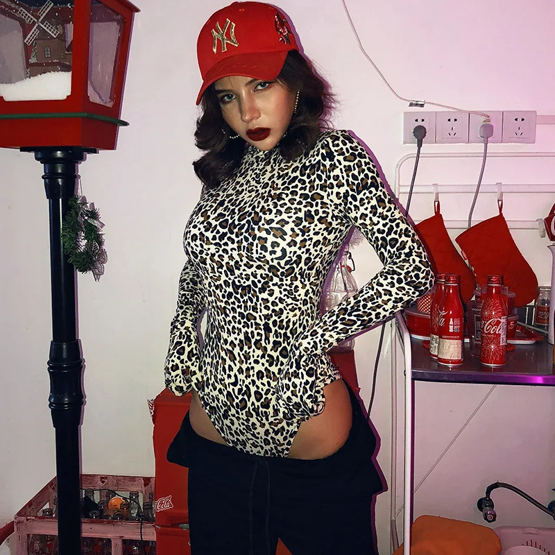 ZKYZWX Леопардовый принт, сексуальный боди для женщин мода Nova эластичный длинный рукав водолазка с перчатками Cheetah Club Облегающий комбинезон Топ