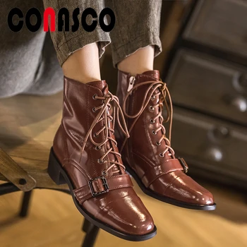 

CONASCO 2020 Women Ankle Boots Genuine Leather Autumn Winter Warm Newest Buckle Lace-Up Working Shoes Woman Casual Martin Boots