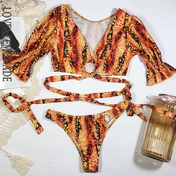 

LOVE & LEMONADE V-Neck Short-Sleeved Natural Print Bandage Bikini LMSW07