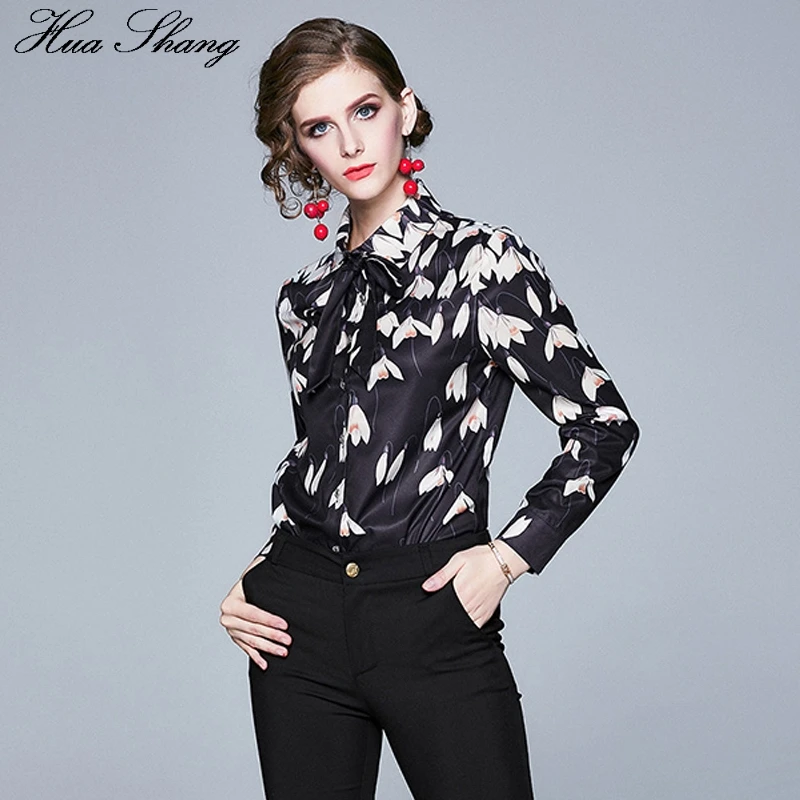 Женская рубашка с длинным рукавом 2019 Весна Осень цветочный принт черная блузка OL