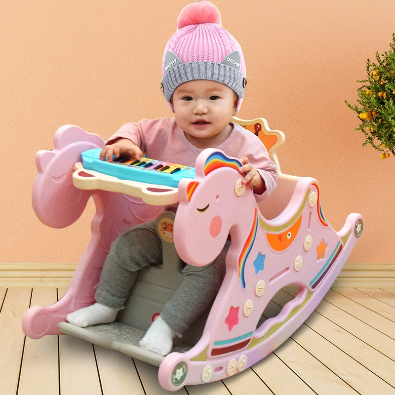 

Infant Baby Rocking Chair Send Piano Plastic Rocking Horse Dual Purpose Children Trojan Seat 1-2 a Year of Age Gift