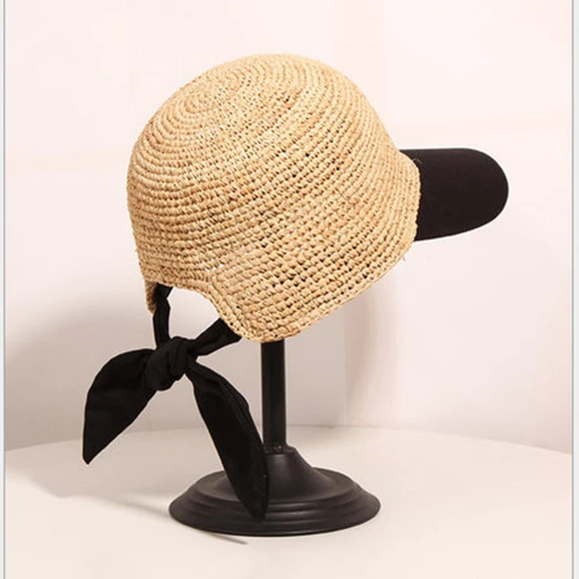 Handmade Crochet Straw Woven Baseball Cap Holiday Raffia Straw Hat Europe  and The United Kingdom Personality