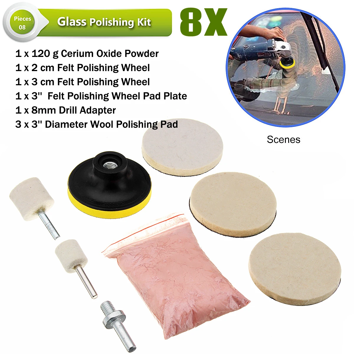 Glass Polishing Kit w// Cerium Oxide Powder For Car Windscreen Scratch Remover