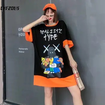 

New Arrival Cartoon Letter Print Long T-shirt Woman Summer Loose Short Sleeve Tees Ladies Girl Contrast Color Sequins T Shirt