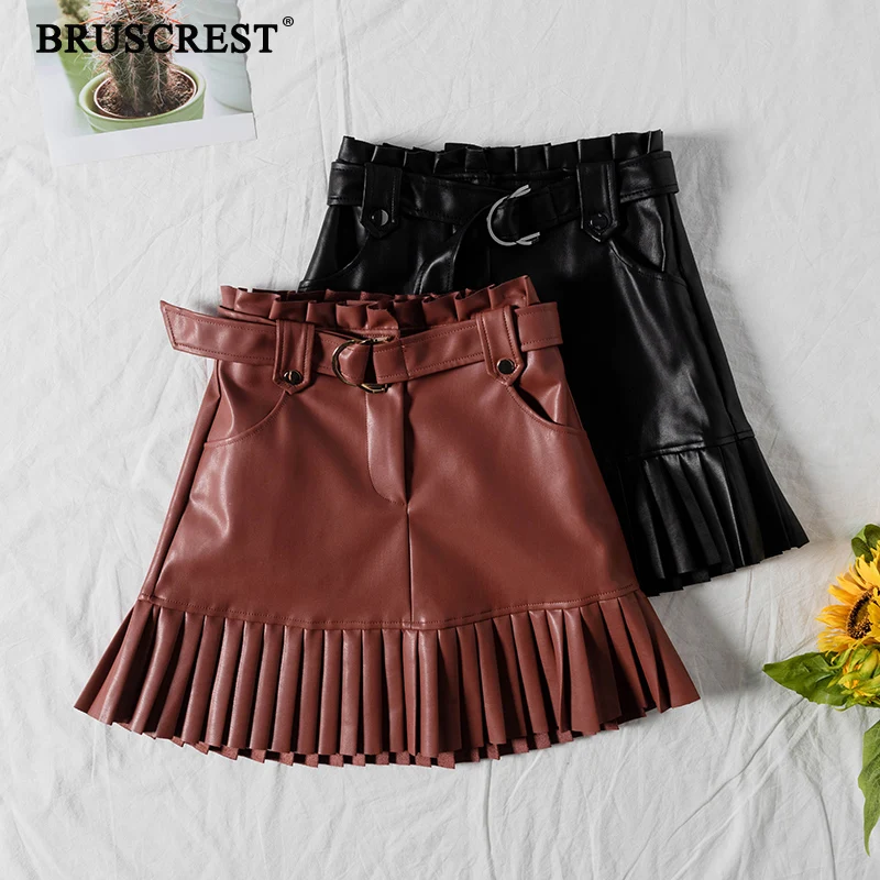 Повседневная юбка из искусственной кожи; осенние юбки с оборками; винтажная черная юбка с высокой талией; юбки из искусственной кожи с карманами; панк-юбки в складку