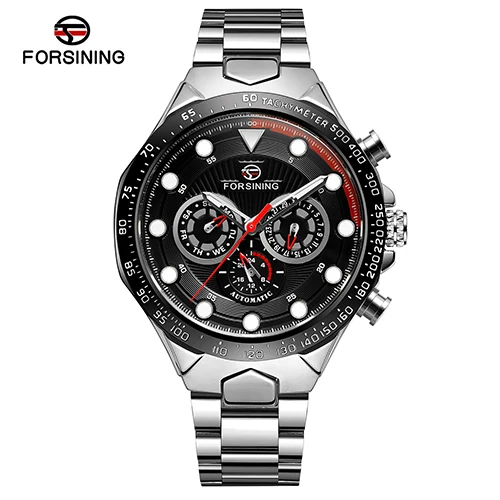 Silver Black Forsining, модные полностью синие механические часы, мужские автоматические часы с тремя циферблатами и календарем, мужские спортивные часы со стальным ремешком, Saat Reloj Hombre - Цвет: Silver Black