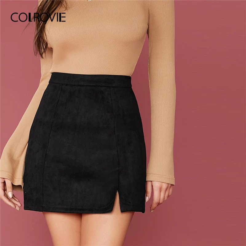 

COLROVIE Black Zip Back Split Hem Suede Skirt Women Casual Straight Mini Skirt 2020 Spring High Waist Elegant Ladies Skirts