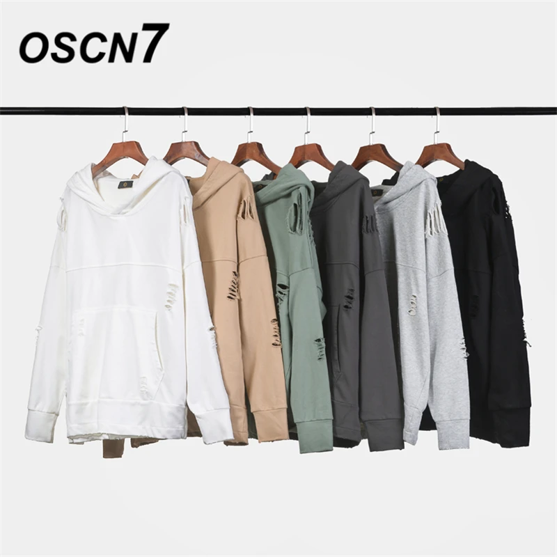 

OSCN7 High Street Casual Hole Loose Hoodies Men 2019 Fall Streetwear Retro Oversize Hooded Sweatshirt Mens 2617