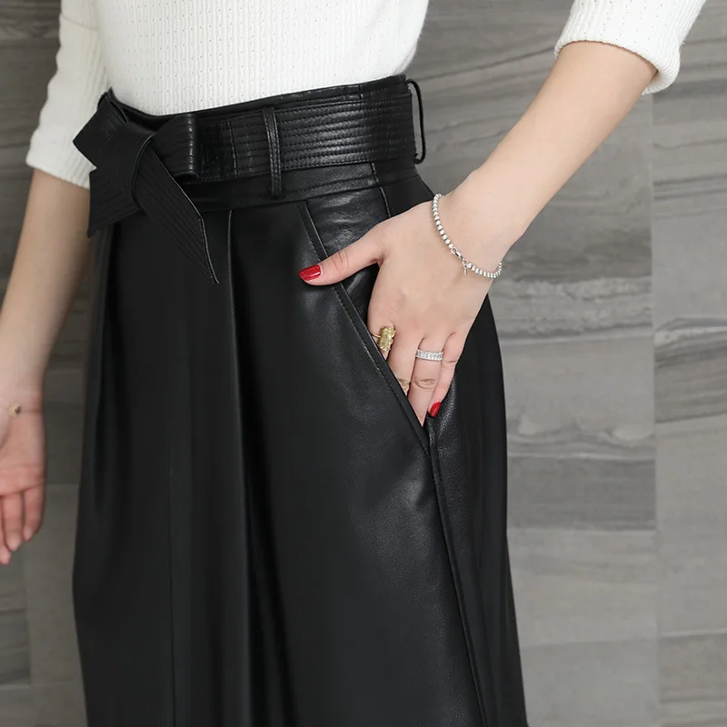 

Elegant Black A-line Woman Genuine Leather Sheep 4XL Plus Size Knee-Length Pockets Fall Winter Female Skirt Office Lady 2020