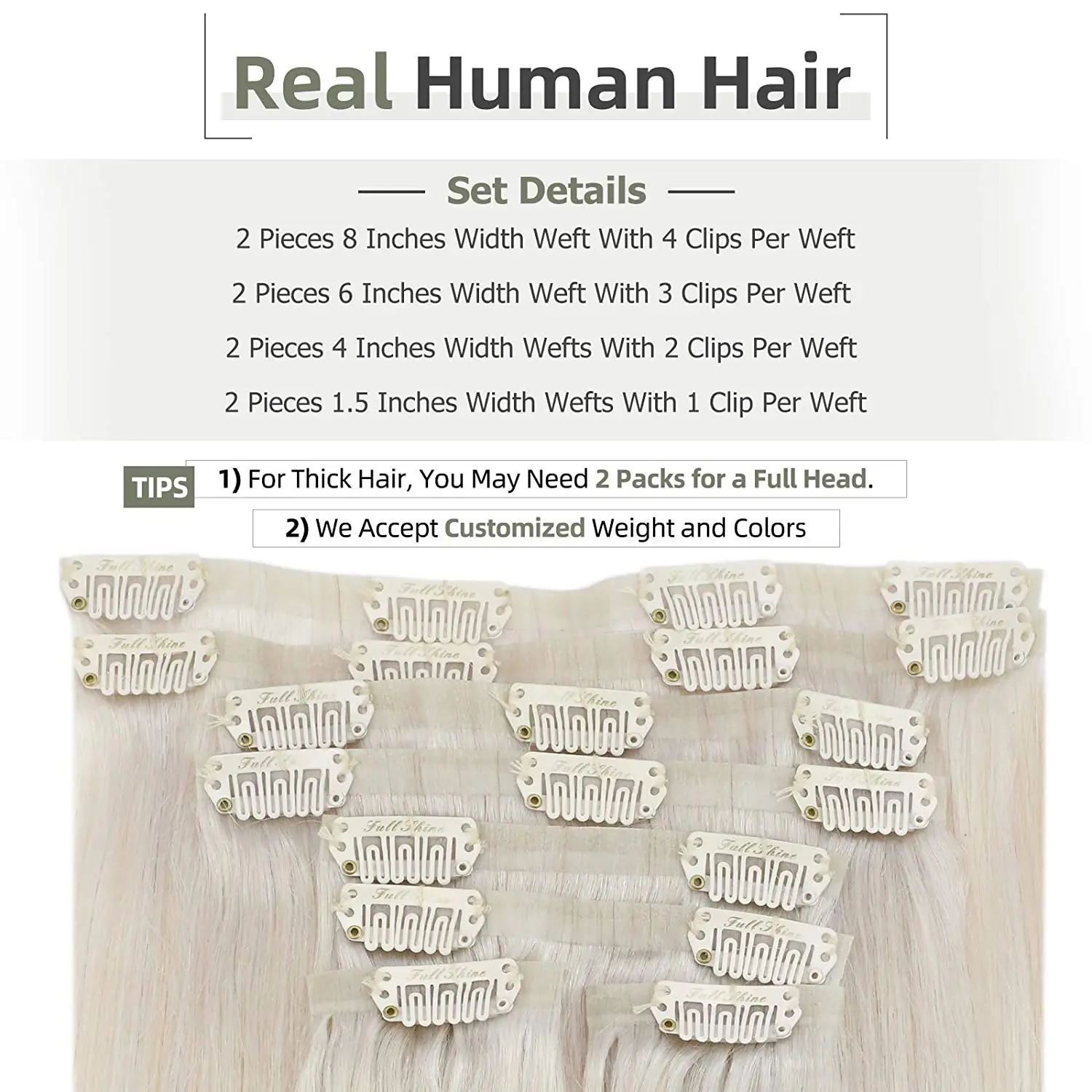 Full Shine Invisible Clip in Hair Extensions Real Hair 8Pcs 100g Pure Color Blond Hair Seamless Clip On Remy Extension Skin Weft