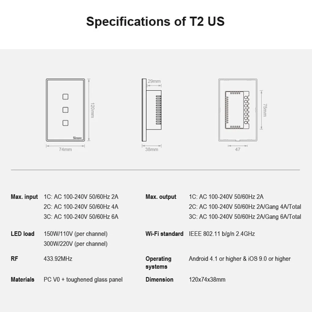 Интеллектуальный выключатель света SONOFF T2US TX Smart Wifi сенсорный настенный светильник Панель переключения умный дом 1/2/3 433 RF/Голосовое управление/приложение Управление нам Стандартный