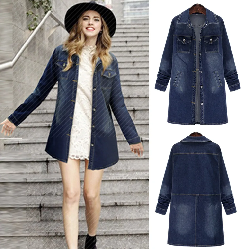 

KLV 2019 джинсовая женская пальто Women Casual Loose Oversize Jeans Long Coat Retro Cowboy Denim Loose Jacket free shipping D4