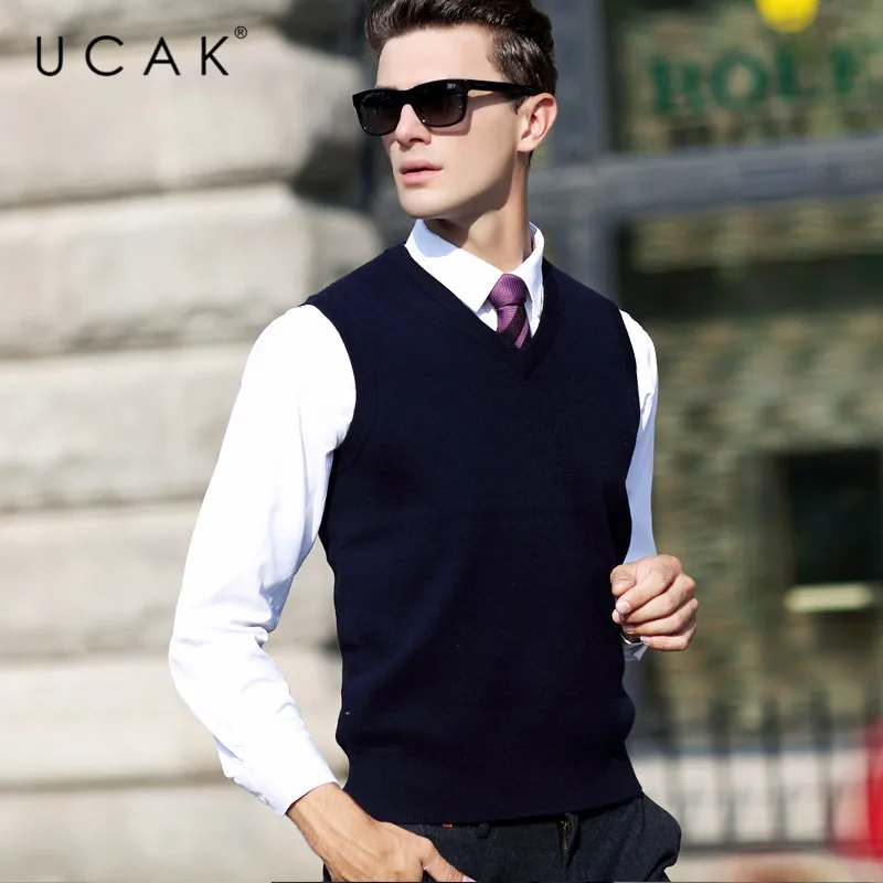 Blog UCAK Brand Pure Merino Wool Sweater Vest 2019 New Arrival Casual Autumn Winter Solid V-Neck Pull Homme Streetwear Sweaters U3110