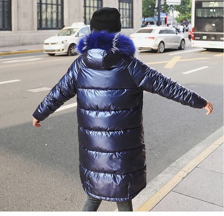 New Fashion Waterproof Glossy Down Parkas Womens Winter Jackets Warm Big Fur Collar Windproof Ladies Medium Long Hooded Coats