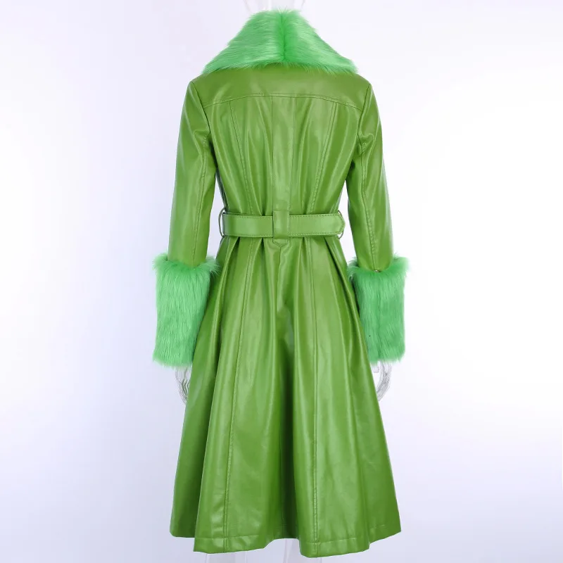 DEAT Autumn Winter Green Fur Turn Down Collar Slim PU Long Overcoat Women Leather Coat With Belt MH138