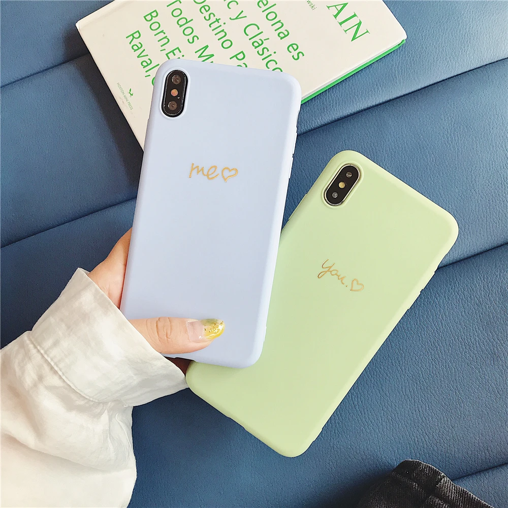 

Candy Color Couple Phone Case for Coque iPhone XsMax Gold Word Simple Solid Silicon Cover for iPhone 6 6S 7 8 Plus X XS XR Funda