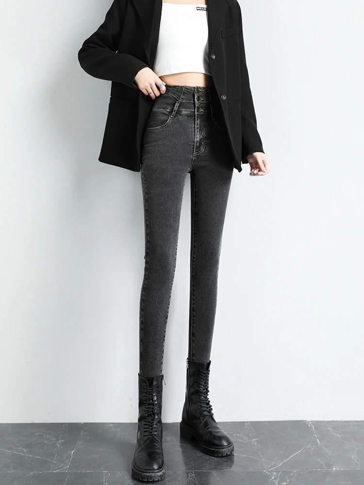 ZHOUTAYLOR 여성 청바지 단추 높은 허리 지퍼 연필 바지 Femme Office 레이디 가을 2021 발목 길이 바지 여성