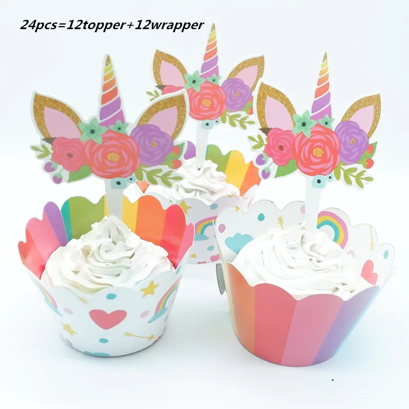 24pcs/lot Smiley unicorn Cupcake Wrappers Toppers Kids Party Birthday Decoration Cake Cups(12 wraps+12 topper No toothpicks