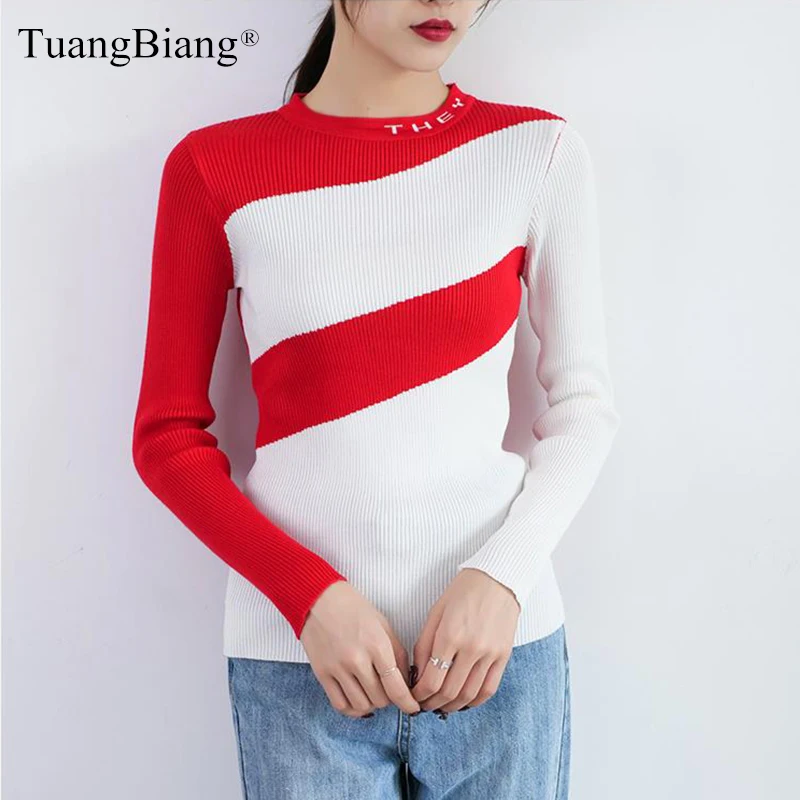 2020 High Quality Red Black Gray Striped Sweater Women O-Neck Different Colors Long Sleeve Pullovers Feminine Thick Knitted Tops | Женская